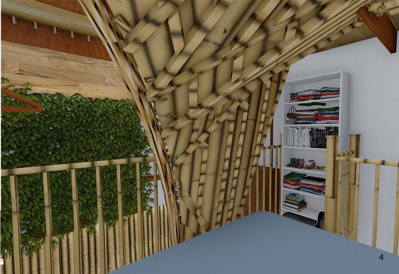 Cozy interior framed by bamboo structure and lush vertical greenery.
