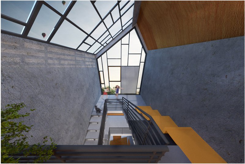 A soaring atrium floods the house with light from above, connecting generations under one luminous roof.