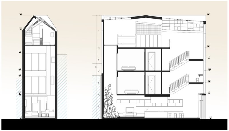 Sectional drawing reveals the vertical layering of generations, with privacy and shared spaces smartly stacked.