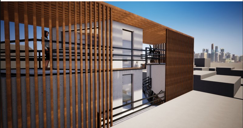 Layered timber screens offer filtered light and privacy for staggered terraces across all floors.