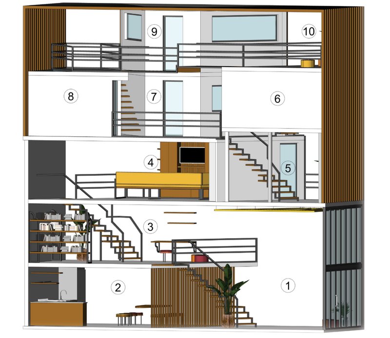 A detailed section showing the multilevel layout, from shared spaces to private family units.