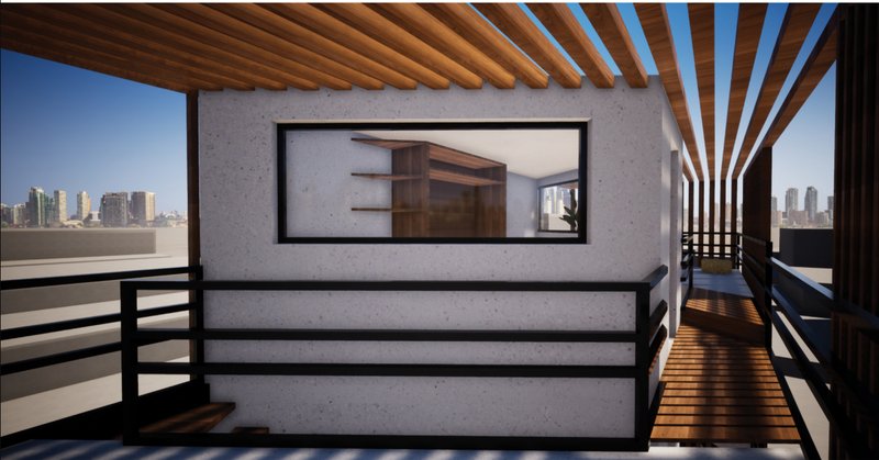 A wooden corridor connects private units, with framed views enhancing indoor-outdoor transitions.