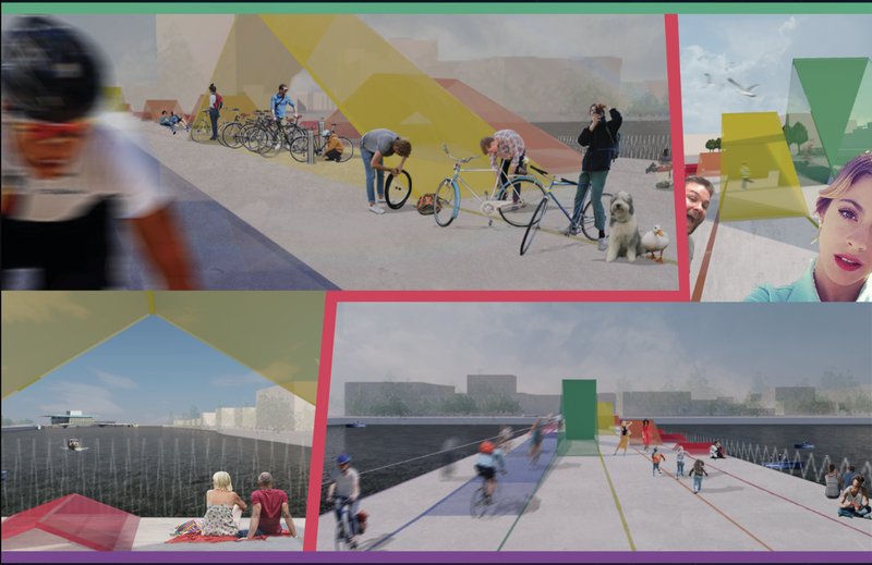 A lively public realm unfolds with bikes, pets, and playful interactions beneath colorful geometric canopies.