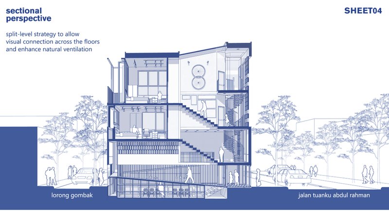 The split-level strategy enables visual connectivity and natural airflow across floors, enhancing vertical compact living.