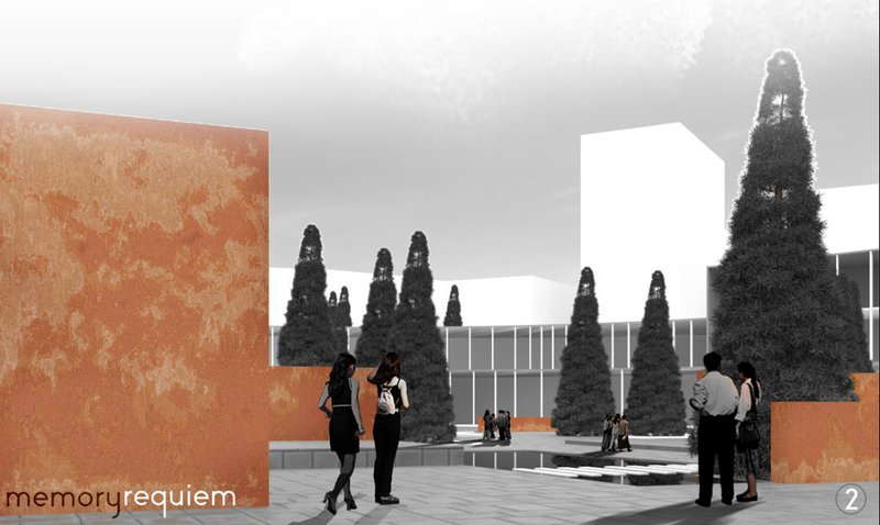 Visitors gather in a contemplative plaza framed by oxidized steel walls and structured greenery, blending memory and urban calm.