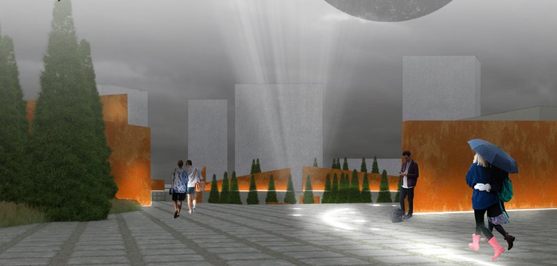 Illuminated pathways connect visitors to ceremonial spaces, creating a solemn yet open urban procession through nature and form.