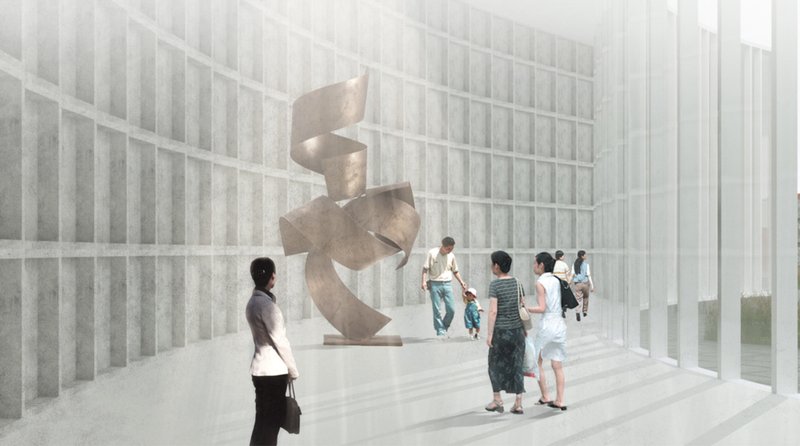 A sculptural installation anchors the memory core inside a serene chamber, reflecting life’s impermanence and spatial reverence.