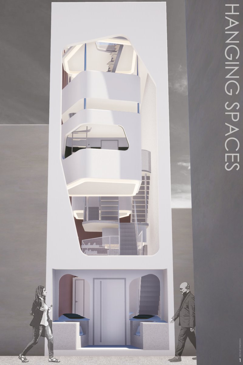 Vertical housing façade showcasing floating residential units in a compact urban plot.