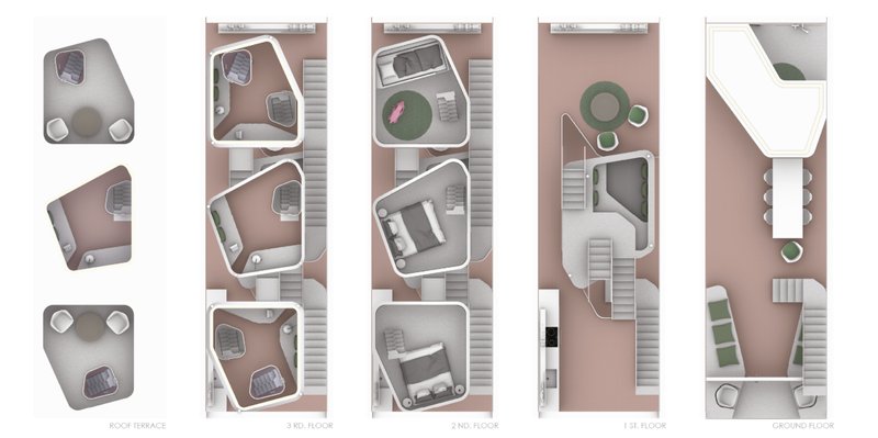 Axonometric floor plans display flexible zoning and organic circulation through five levels.