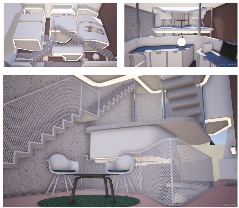 Split-level spaces, skylights, and staircases enhance interaction and visual connectivity.