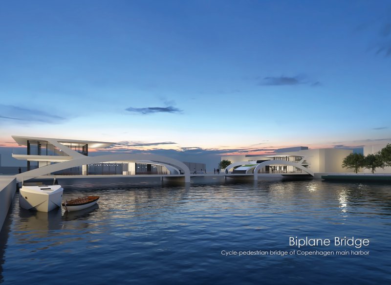 A futuristic cycle-pedestrian bridge blending public architecture with waterfront views in Copenhagen’s main harbor.