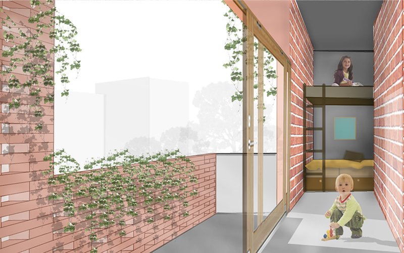 Children’s room with mezzanine and balcony—blending privacy, playfulness, and passive ventilation design.