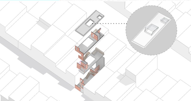 Exploded axonometric view revealing the vertical spatial arrangement and rooftop openings for light and ventilation.
