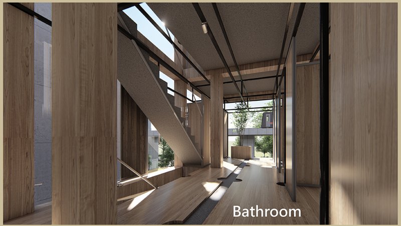 Natural light floods the reconfigured bathroom space, featuring movable partitions for ventilation and flexibility.