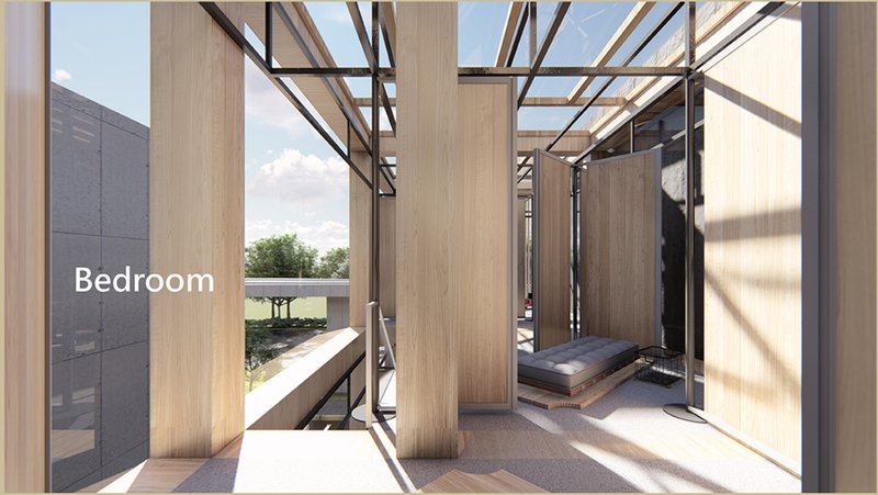 Private sleeping quarters with operable partitions and views of greenery—offering dignity and comfort to temporary residents.