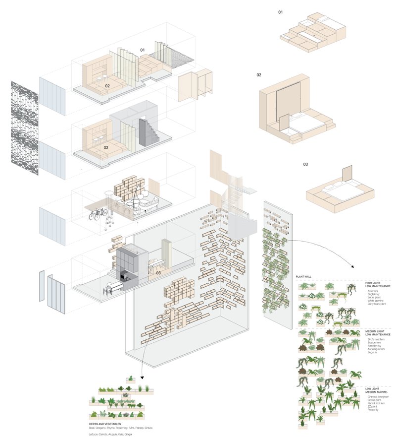 Environmental layers: vertical garden, smart storage, and biophilic wall strategy.