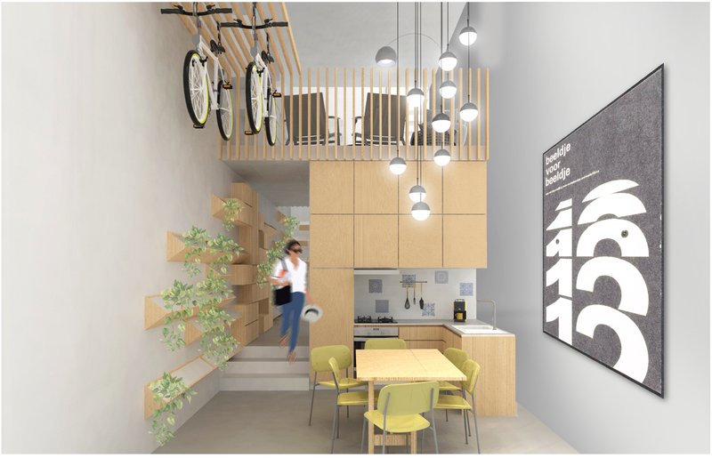 Double-height dining and kitchen space with overhead bike storage.