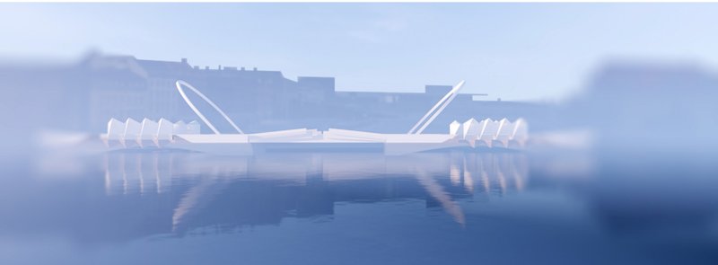An atmospheric perspective highlights the bridge’s iconic geometry and openable span over Copenhagen’s waterways.
