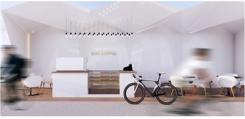 Minimalist café pod along the bridge offers a rest stop for cyclists, blending urban rhythm with social pause.