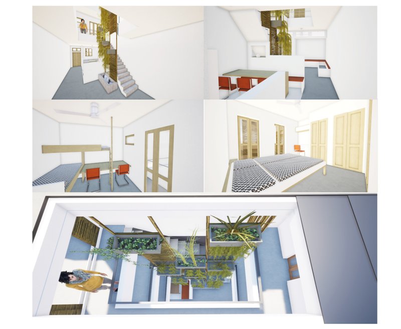 Compact family dining and study area with open sightlines to the atrium.