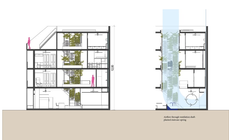 Detailed section highlighting bamboo ventilation shaft and private zones.