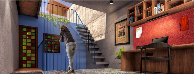 A cozy workspace on the second floor maximizes natural light while connecting to the courtyard through colorful glass windows.