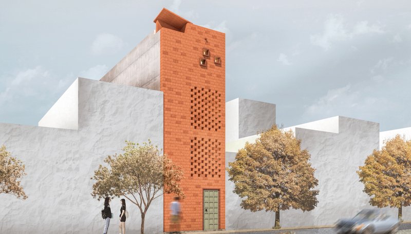 Minimalist southern elevation with solar-integrated rooftop and prominent jaali pattern, demonstrating climate-responsive verticality.