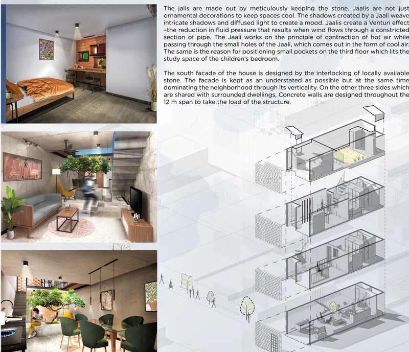Interior renderings showcase passive design elements like the central tree courtyard, wind catchers, and jaali-filtered daylight.
