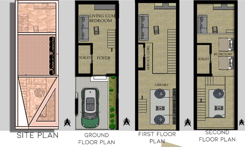 Site plan and detailed floor layouts optimizing space for multifunctional living across three generations.
