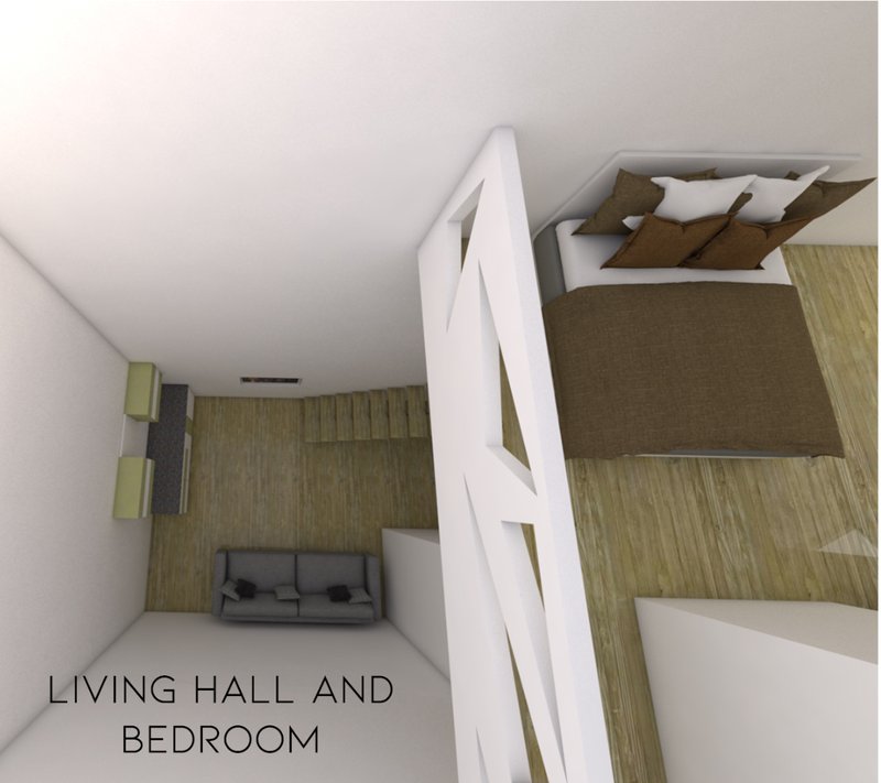 Compact living space featuring dual-function living-bedroom with efficient spatial zoning.