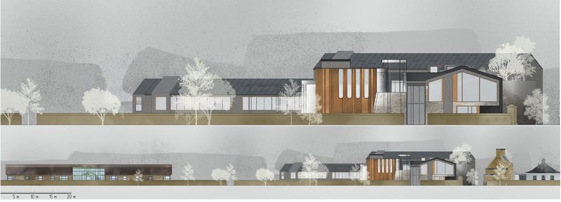 South and east elevations highlighting the center’s material palette and rhythmic fenestration in a calm therapeutic setting.