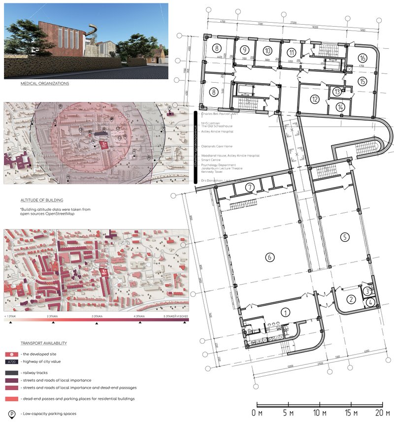 Functional zoning of the ground floor with connectivity to local medical infrastructure and detailed urban context overlays.