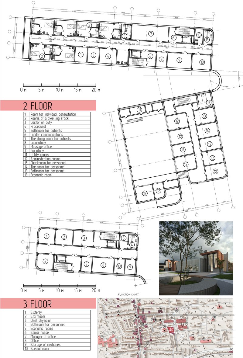 Programmatic distribution across upper levels supporting consultation, diagnostics, and recovery services for patients and staff.