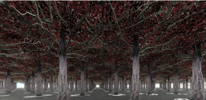 Interior hall with tree-like concrete columns supporting a red canopy ceiling under natural light from perimeter openings
