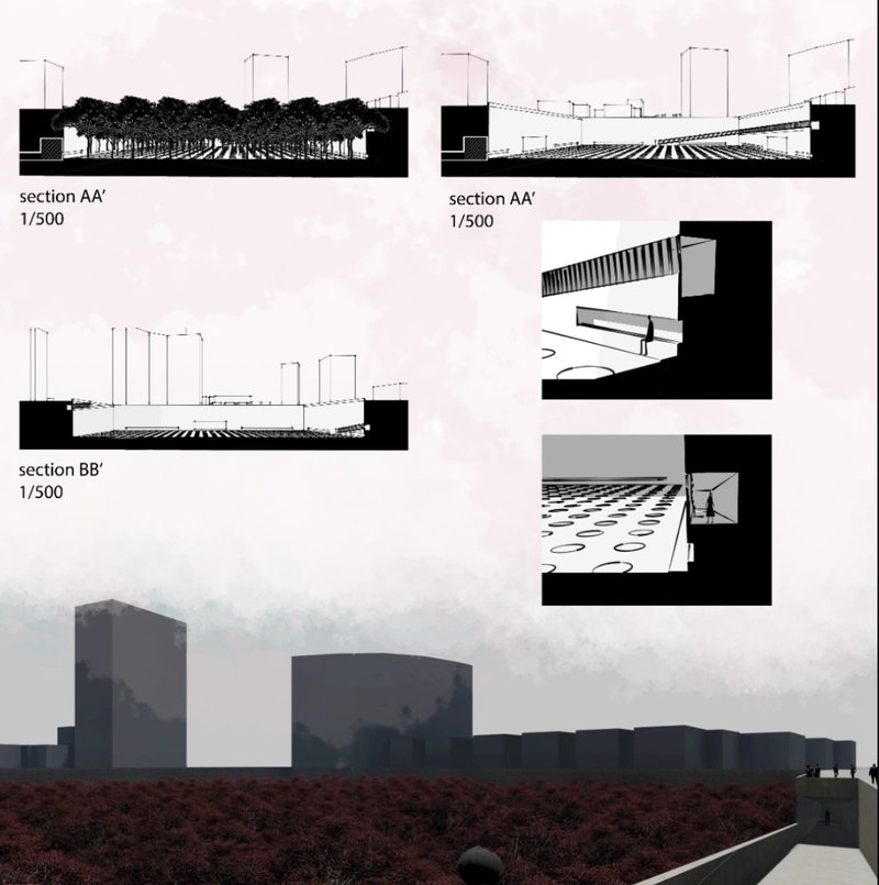 Section drawings showing the building with tree canopy, underground spaces, and distant tower volumes through misty landscape