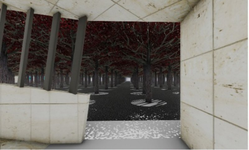View through concrete portal into colonnade space with tree-branch ceiling and a lone visitor silhouette