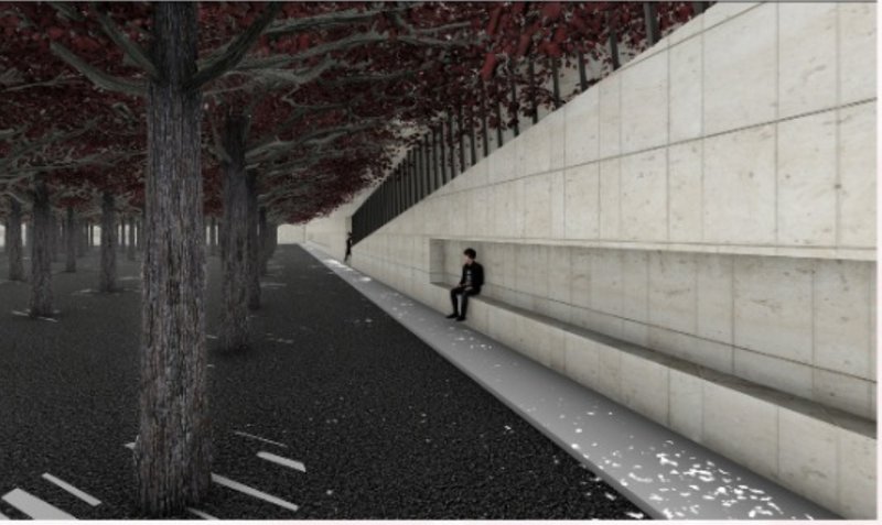 Sloped concrete wall alongside tree trunks with a person seated on the angled surface beneath the red canopy