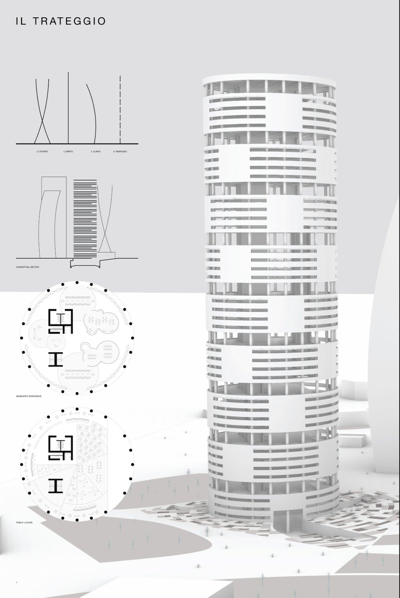 Conceptual section and floorplans showing vertical rhythm and creative workspaces.