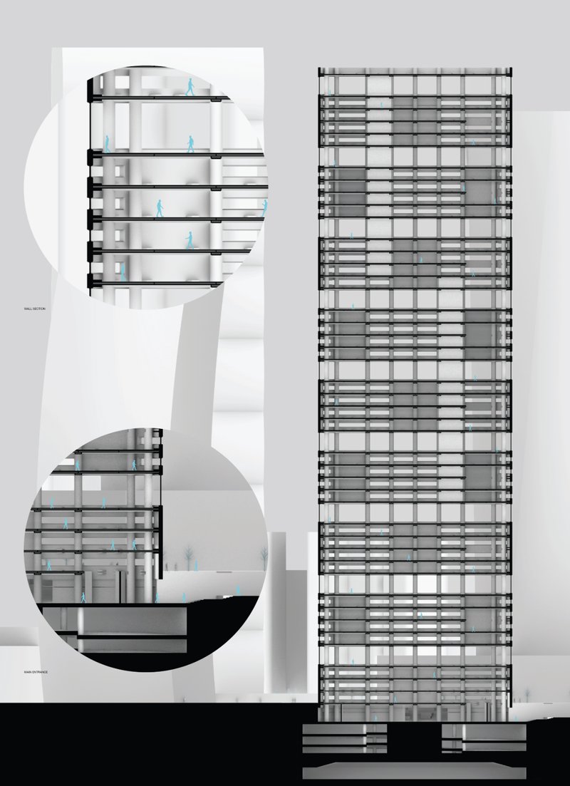 Wall section and tower elevation highlight transparency and flexible layering.