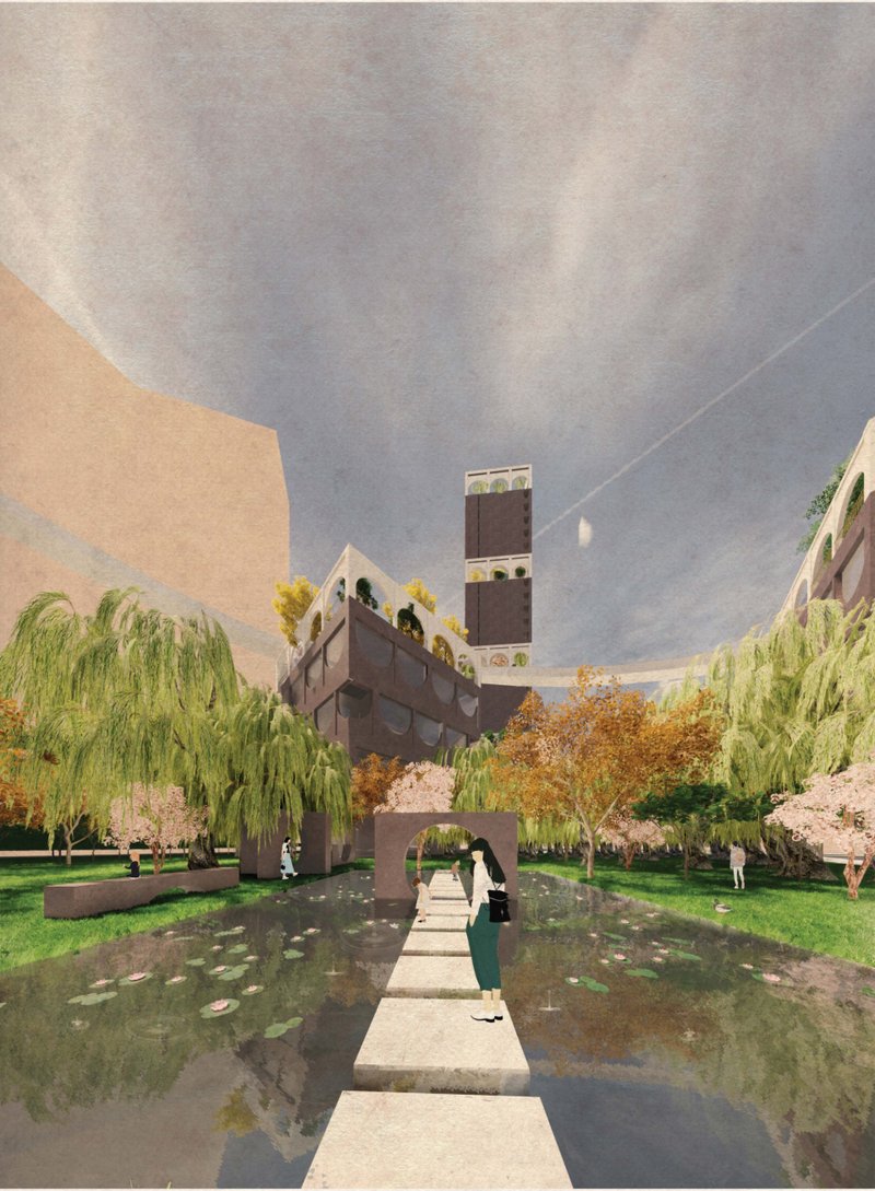 A contemplative water garden with stepping stones framed by trees and vertical structures.