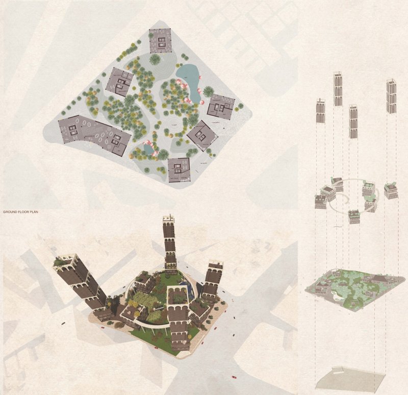Aerial view and masterplan showing the green central park encircled by vertical cemetery towers.