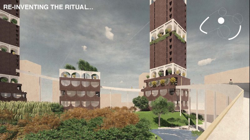 Perspective view highlighting the elevated walkway—“Journey of Death”—connecting the ritual towers.