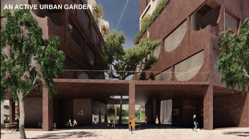 Ground-level approach showing public interaction beneath residential and ritual towers.