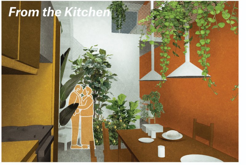 View from kitchen toward dining table with white pendant lamps and cascading vines against orange wall