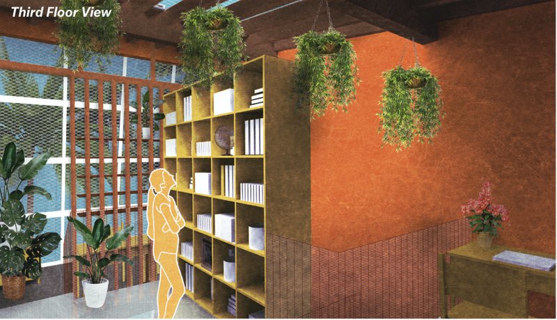 Library corner with yellow shelving, terracotta wall, and suspended planters with trailing greenery