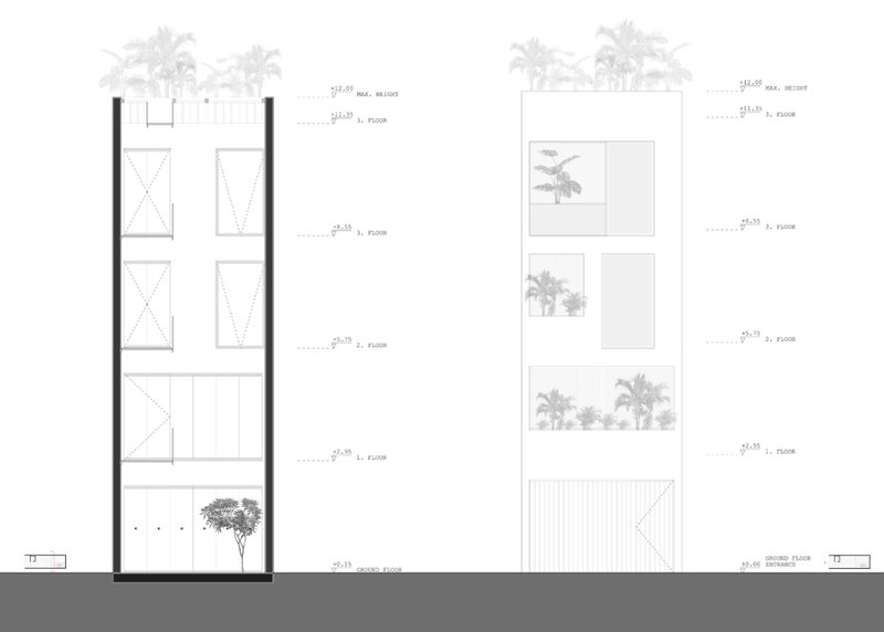 Elevation and section drawings show façade geometry and vertical massing optimized for daylight and airflow.