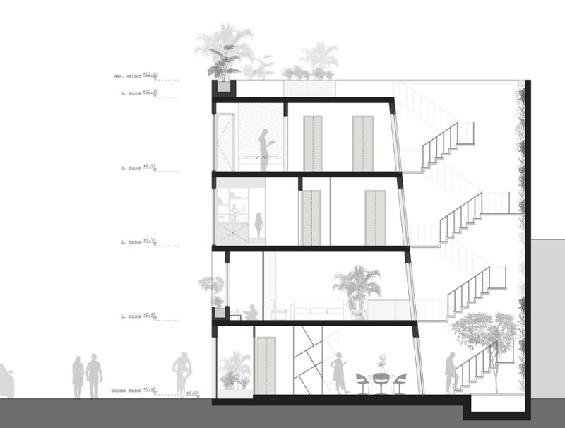 Long section illustrates functional zoning across floors and the staircase’s dual role as circulation and green space.