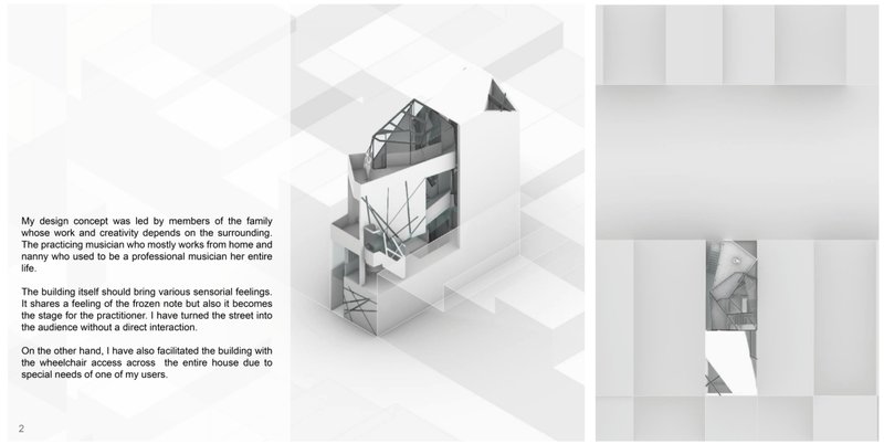 The architectural volume reveals a vertically stacked home optimized for light, accessibility, and creative living.