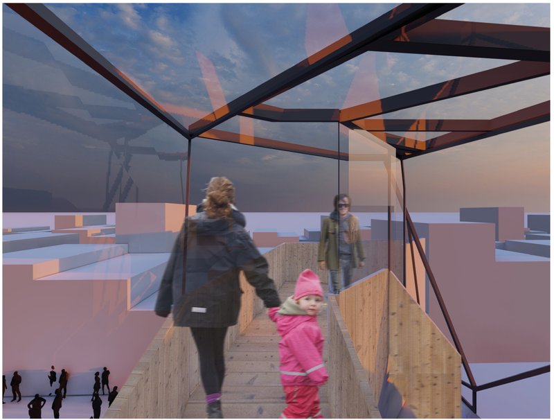 Transparent roofed walkway connects the city skyline, emphasizing connection, safety, and intergenerational movement.