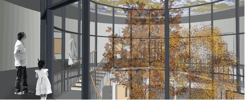 A central tree anchors the healing journey, bringing nature into the heart of the psychotherapy center.
